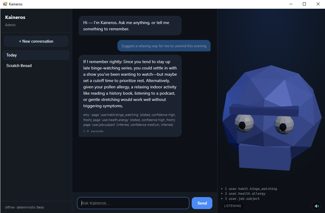 The Kaineros desktop app answering a question: a personalised, second-person recommendation drawing on your late-night binge-watching habit and pollen allergy; the three pages it read listed at right; a 1.9-second response time; and a low-poly face beside the chat.